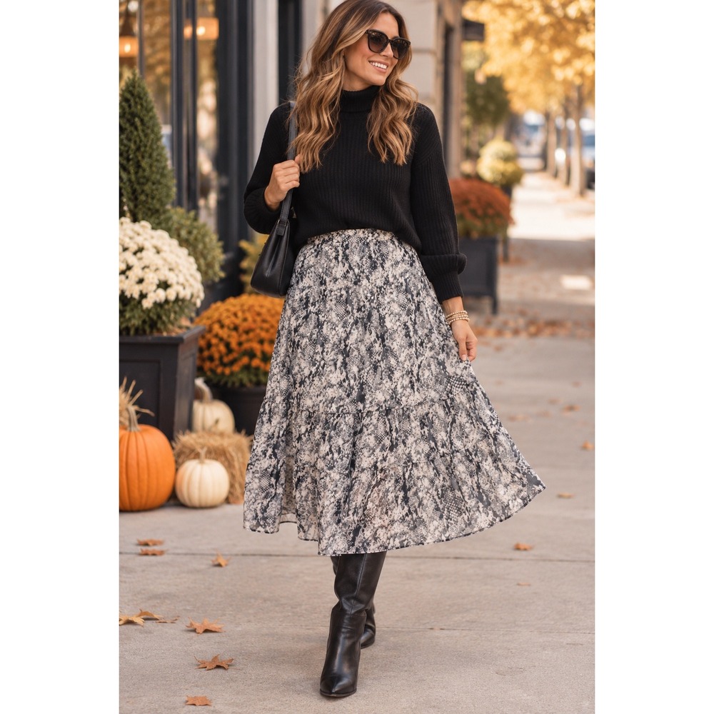 Japna Womens Grey Snakeskin Tiered Midi Skirt Size S Elastic Waist Animal Print